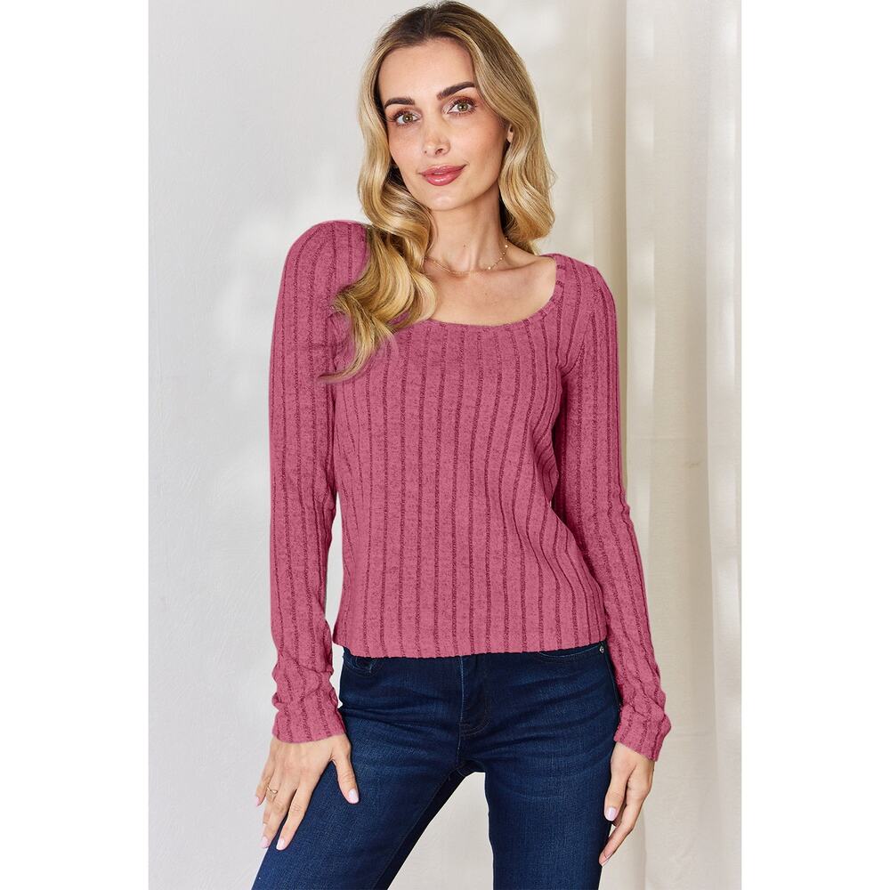 BASIC BAE Pink Ribbed Scoop Neck Long Sleeve Casual Top NEW